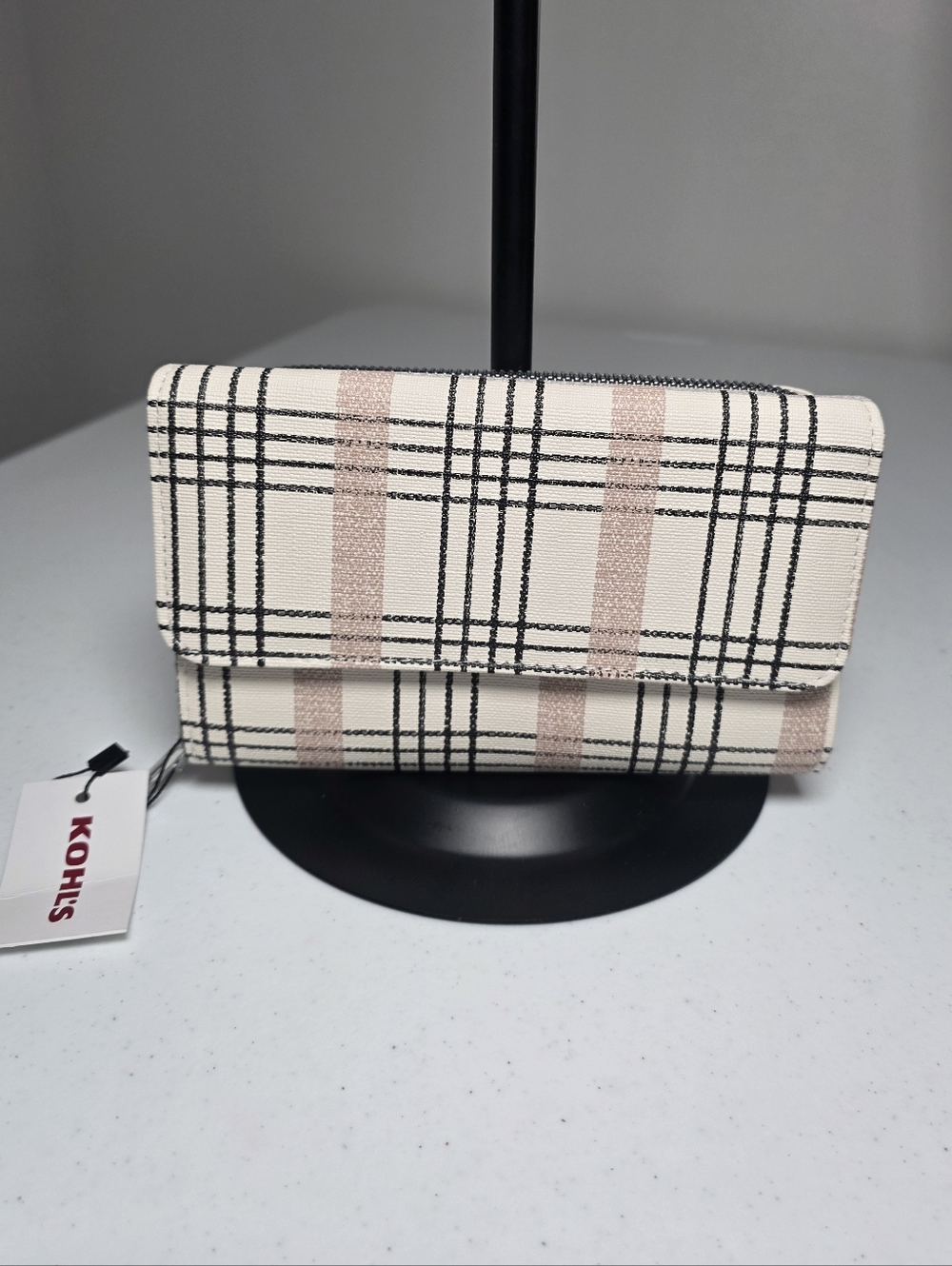 Kohl's Cream and Blush Plaid Foldover Wallet